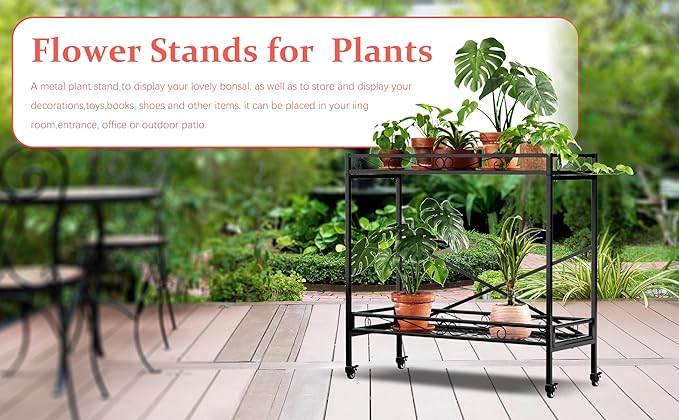 Zhongma 2 Tier Sturdy Metal Plant Stand with Wheels, 40.5x16x39.4 Inch High, Heavy Duty Succulent Shelf for Home Indoor and Outdoor, 440 LBS Capacity & Heavy Duty Construction
