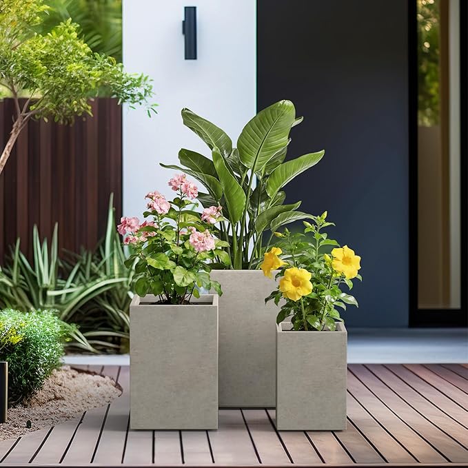 Kante 18.5",15.7",12.6" H Tall Rectangular Concrete Planters Set of 3, Outdoor Indoor Lightweight Plant Pots with Drainage Hole and Rubber Plug, Modern Style for Home Garden Patio, Weatheted Concrete