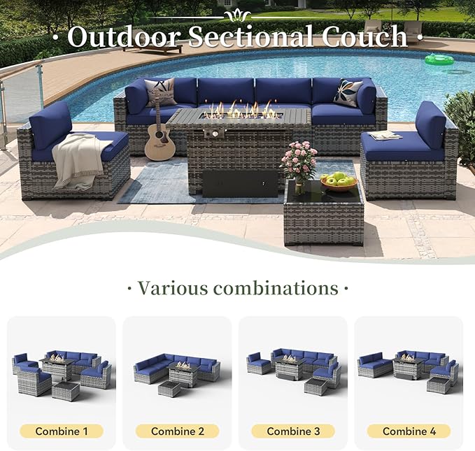 Aoxun 8 Piece Patio Furniture Set with 44'' Fire Pit Table Wicker Rattan Patio Conversation Set Outdoor Sectional Sofa Set with Coffee Table, Grey/Blue(Waterproof Cover Included)