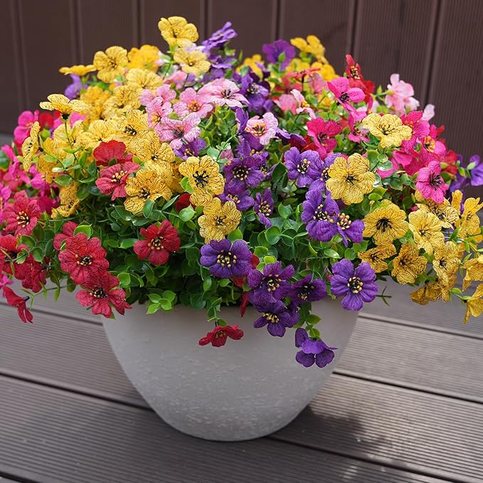 Artificial Flowers for Outdoor, UV Resistant Fake Silk Flowers, Realistic Faux Plants for Outside Indoor Porch Patio Window Box Planter Home Decor (20, Yellow Purple Rosy Pink Red)