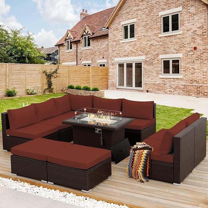NICESOUL 10 Pieces Outdoor Patio Furniture Set with Fire Pit Table Natural Gas/Propane, 29.3'' High-Back Big Sectionals PE Wicker All Weather Conversations, Brown Rattan and Burgundy Cushion