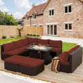 NICESOUL 10 Pieces Outdoor Patio Furniture Set with Fire Pit Table Natural Gas/Propane, 29.3'' High-Back Big Sectionals PE Wicker All Weather Conversations, Brown Rattan and Burgundy Cushion