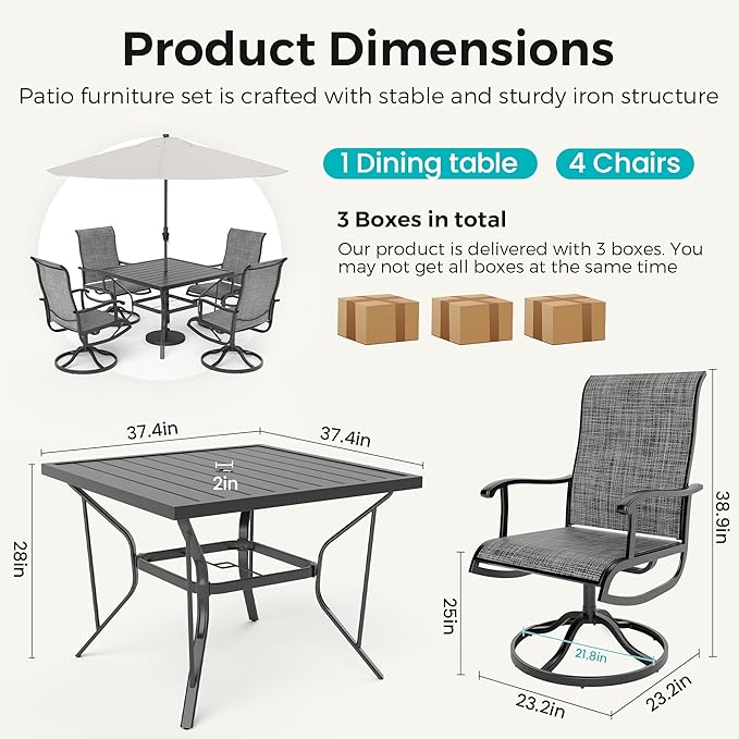 Pamapic 5-Piece Outdoor Dining Set, Patio Dining Set for 4, Outdoor Table and Chairs, All-Weather Outdoor Patio Set with Textilene Swivel Chairs for Garden, Poolside, Deck，Gray