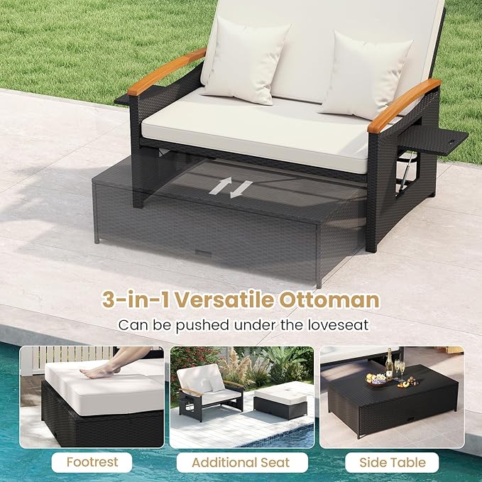 Tangkula Patio Rattan Daybed with 4-Level Adjustable Backrest, Outdoor Wicker Loveseat with Acacia Wood Armrest, Storage Ottoman & Folding Tray, Double Sunbed for Yard & Poolside (White & Black)