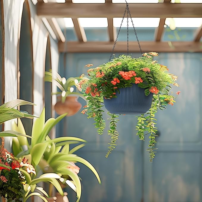 T4U 12 Inch Large Hanging Planters for Outdoor Plants, 2 Pack Self Watering Pots Indoor, Hanging Baskets for Plants,Hanging Flower Pot with Drainage Hole and Plant Hanger, Blue