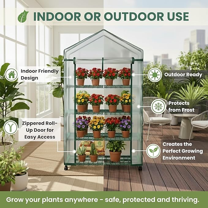 4 Tier Mini Greenhouse - Portable Greenhouse with Locking Wheels and PVC Cover for Indoor or Outdoor - 27 x 19 x 63-Inch Green House by Pure Garden