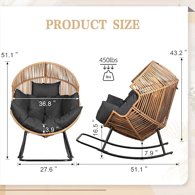 Vongrasig Wicker Rocking Egg Chair PE Rattan with Cushion, Oversized Patio Lounge Rocker Chair for Outdoor, Indoor, Balcony, Backyard, Garden, Black