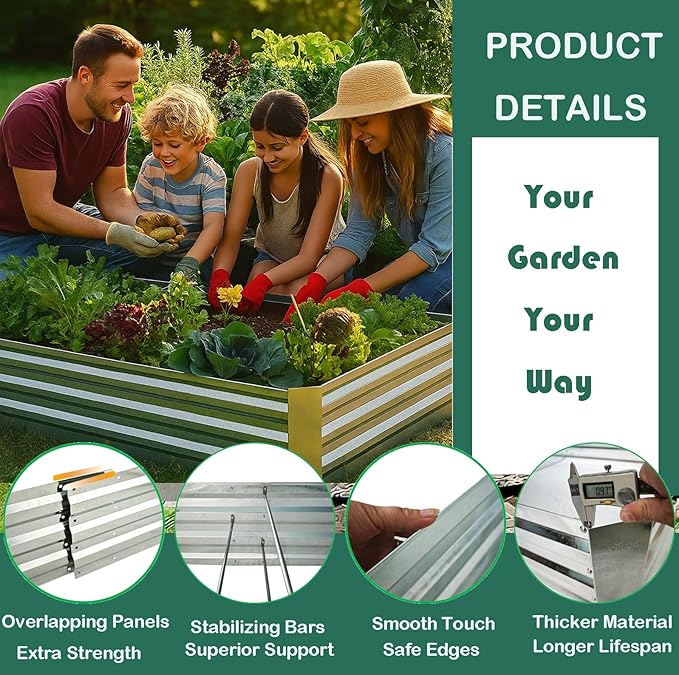 Galvanized Steel Garden Bed 3-Pack, 8x4x1ft Large Raised Planter Box for Vegetables, Outdoor Metal Garden Kit with Overlapping Side Panels, Strong & Stable