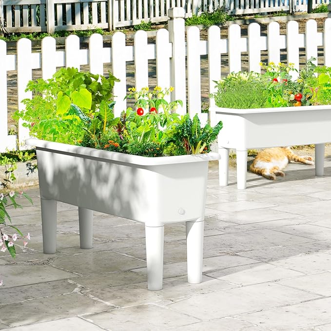 Giantex Raised Garden Beds Outdoor Set of 2, Self-Watering Planter Box with Detachable Legs & Drainage Hole, Outdoor Raised Container for Vegetable Fruit Herbs, 31.5”Lx12”Wx16”H, Easy Assembly (White)