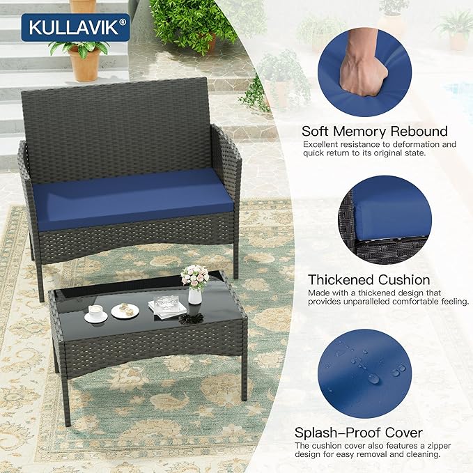 Kullavik 4 Pieces Outdoor Patio Furniture Set,PE Wicker Rattan Chairs Garden Conversation Sets with Tempered Glass Table and Soft Cushions for Lawn,Pool or Backyard,Navy Blue