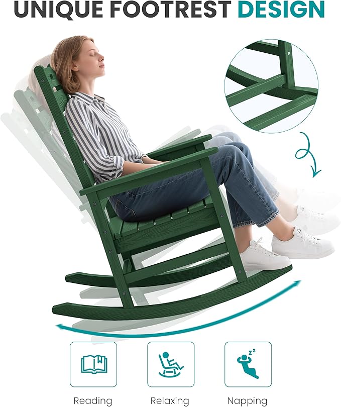 SERWALL Outdoor Rocking Chair, Oversized Rocking Chair with Footrest for Adults, HDPE All Weather Resistant Rocking Chairs for Patio, 350lbs Weight Capacity, Green