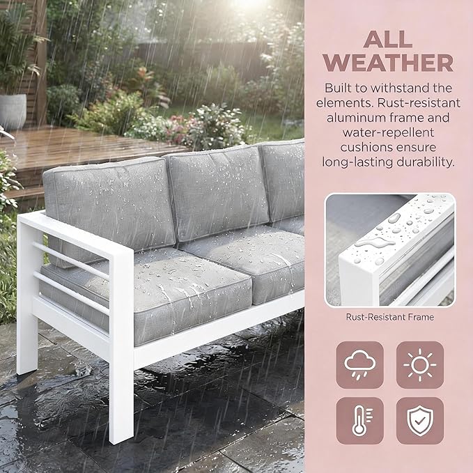 Kiss the Water Outdoor Couch Aluminum Patio Furniture Sofa, 3 Seat All-Weather Metal Patio Couch with 5" Thick and Soft Cushion and Wide Arm, Outdoor Sofa for Balcony, Porch