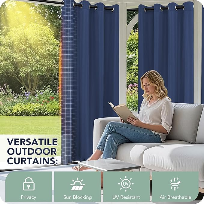 Outdoor Curtains for Patio Waterproof 6 Panels - Windproof, Privacy, Weatherproof Outside Drapes for Gazebo Pergola Porch, Grommet Top and Tab Bottom, 54x95 Inch, Navy