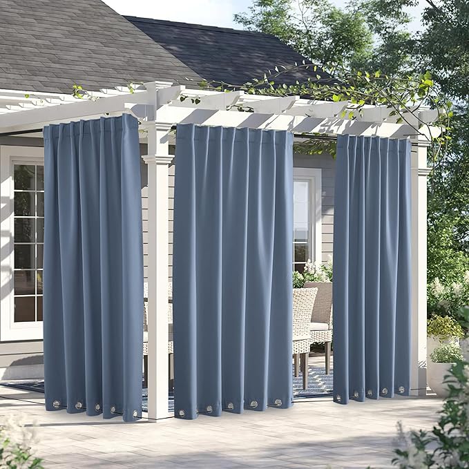 NICETOWN 2 Panels Outdoor Curtains for Patio Waterproof & Windproof, Thermal Insulated Top & Bottom Grommet & Back Tab Sun Blocking Outdoor Drapes with Fixed Rope for Gazebo, Stone Blue, W66 x L90
