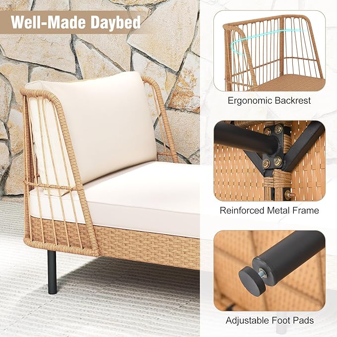 Tangkula Patio Rattan Daybed, Boho Outdoor Wicker Lounge Sofa with Seat & Back Cushions, 2-Seat Bench Sun Lounger Chair with Robust Metal Legs for Deck, Backyard, Porch, Poolside (1, Off White)
