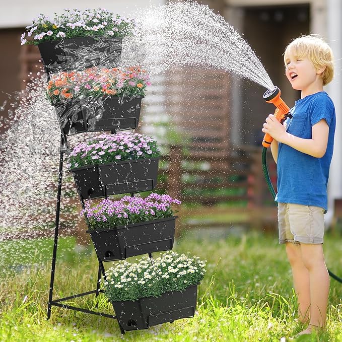 5 Tier Vertical Raised Garden Bed Planter Box, Vertical Raised Bed with Drainage Holes for Indoor Outdoor Herbs Flowers Vegetables Plants, Black