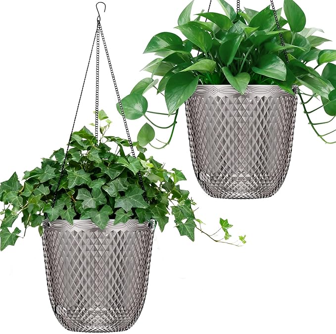 QCQHDU Self Watering Hanging Pots, 2 Pack 7.2 Inch Hanging Planters for Plants Indoor, Outdoor Flower Pots with Drainage Holes and 3 Hooks Chains for Garden Home (Gray)