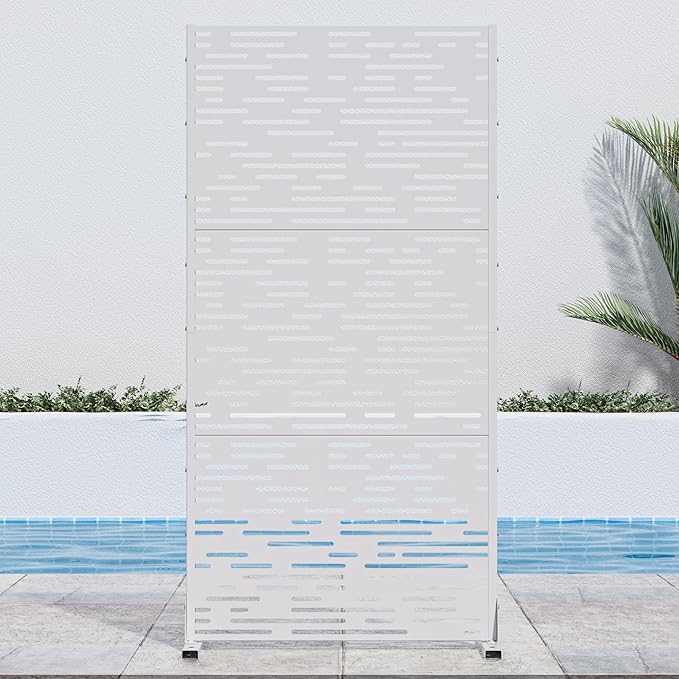 Casaphoria 72" H x 35" W Metal Outdoor Privacy Screen, Freestanding Decorative Divider for Patio, Deck, Balcony, and Garden with Stable Base, White-Godfre