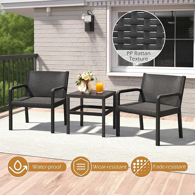 COSTWAY 3 Piece Patio Furniture Set, Outdoor PP Rattan Wicker Furniture Set with 2 Modern Rattan Armchair and 25” Squire Side Table for Patio, Garden, Poolside, Bistro, Black