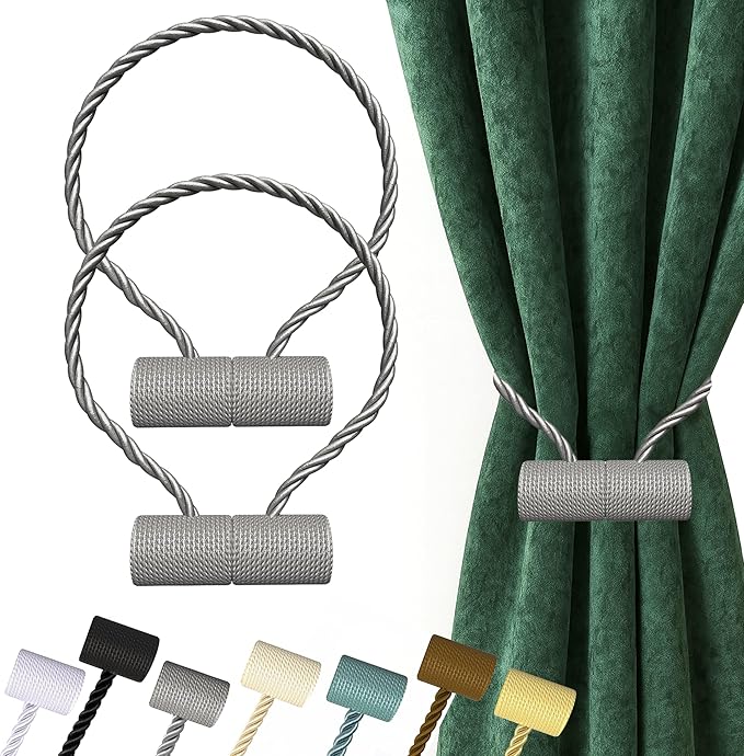 Hion Magnetic Curtain Tiebacks Grey 2pcs, Curtain Tiebacks Buckles Holdbacks Holders Hooks Clip for Home Bedroom Office Decorative Curtain