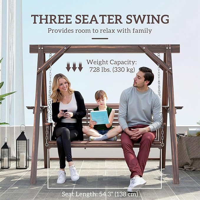 Outsunny 3 Seat Porch Swing with Stand, Wooden Patio Swing Chair with Side Tables and Metal Chains, Outdoor Swing Bench for Garden, Poolside, Backyard, Carbonized Brown
