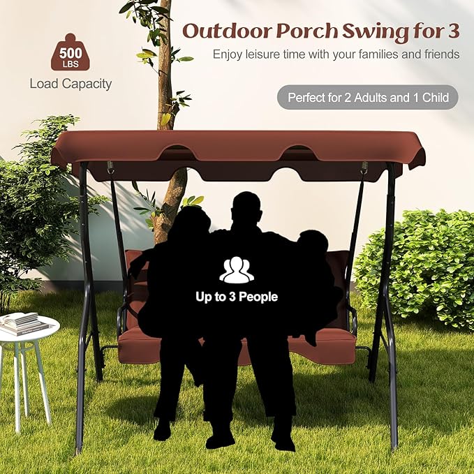 Tangkula 3 Person Porch Swing, Patio Swing with Removable Cushion & Powder-Coated Steel Frame, Outdoor Swing with Canopy for Porch, Backyard, Garden, Balcony (Coffee)