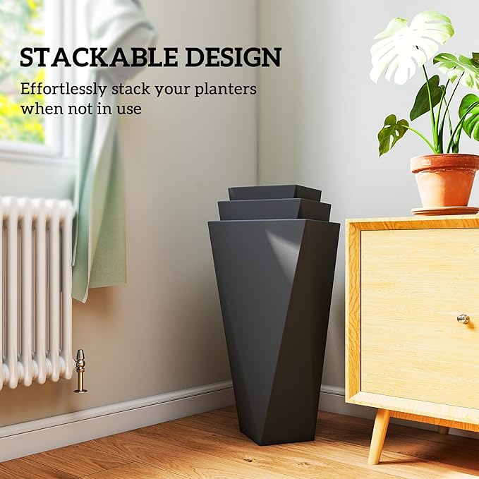 Outsunny Set of 3 Tall Planters, 28.75", 24.5", 20.5", MgO Indoor Outdoor Planters with Drainage Holes, Stackable Flower Pots for Garden, Patio, Balcony, Front Door, Black
