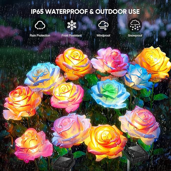 10 Pack Solar Flowers Lights Outdoor Waterproof for Garden Decor, Solar Garden Lights for Outside, Outdoor Solar Lights for Yard with Solar Rose Lights, Yard Decorations