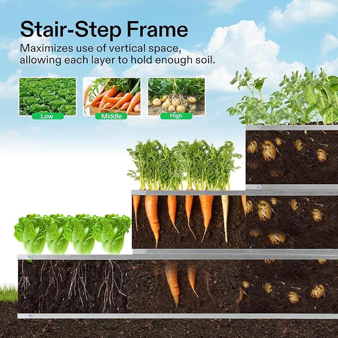 VIVOSUN 3-Tier Metal Raised Garden Bed, 46" x 46" x 24" Galvanized Steel Metal Outdoor Planter Box with Gloves and Scissors to Grow Flowers, Vegetables and Herbs for Outdoor Gardening, Dark Gray