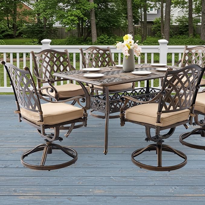7-Piece Cast Aluminum Patio Furniture, Patio Dining Set for 6 Include 59" Rectangular Outdoor Dining Table and 6 Swivel Chairs with Cushions & Umbrella Hole(Bronze)