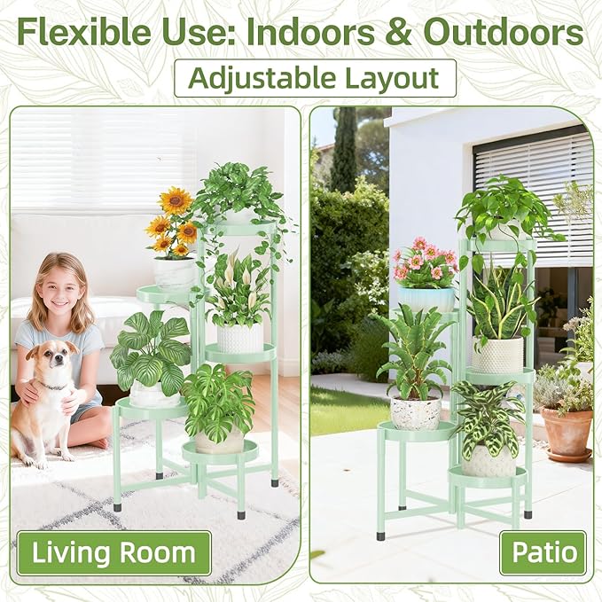 iDavosic.ly Plant Stand Indoor Outdoor, 5 Tier Corner Metal Flower Display Holder Shelf, Easy Assembly Folding Tall Orchid Rack for Patio Balcony Porch Garden Living Room House, Light Green