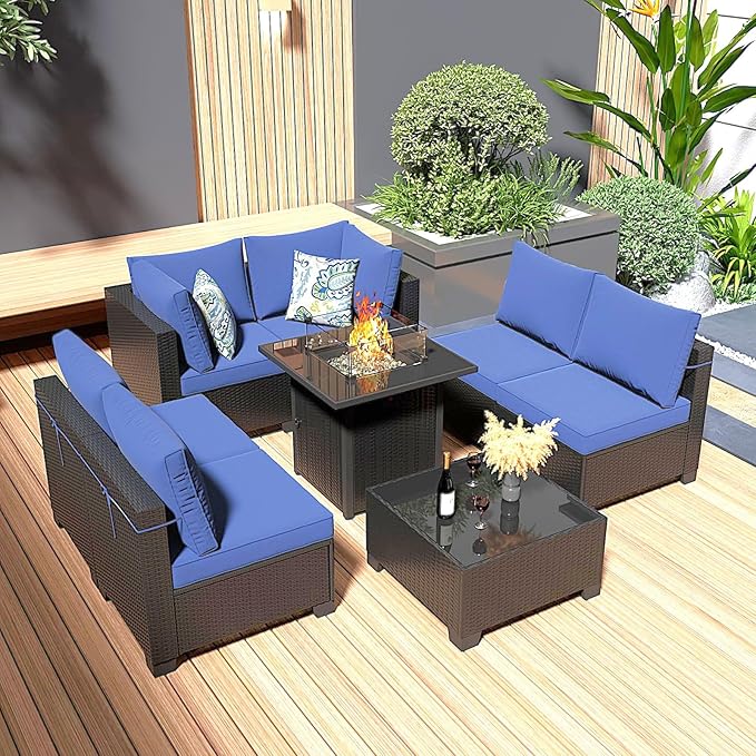 8 Piece Patio Furniture Set with Fire Pit Table, Wicker Outdoor Sectional Sofa, Conversation Set for Backyard, Garden, Deck (Coffee/Blue)