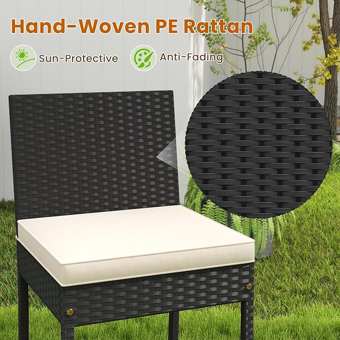 COSTWAY 5 Piece Patio Bar Set, Outdoor Rattan Wicker Bar Table and 30'' High Top Chairs Set with Acacia Wood Tabletop and Cushions for Poolside, Backyard