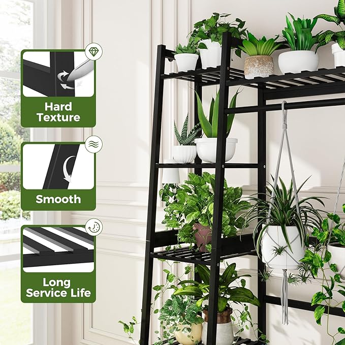Bamworld Plant Shelf Indoor 55" Tall Bamboo Plant Shelves 5 Tier Hanging Plant Stand Large Ladder Shelf Flower Stand Plant Holder Plant Rack for Garden Balcony Home Decor Living Room Bedroom Black