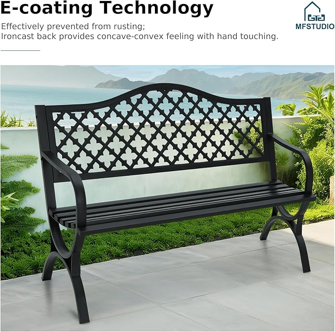 MFSTUDIO 50" Lucky Clover Outdoor Bench, Black Cast Iron Back with Waterproof E-Coating, Durable Patio Garden Bench Park Chair, Black