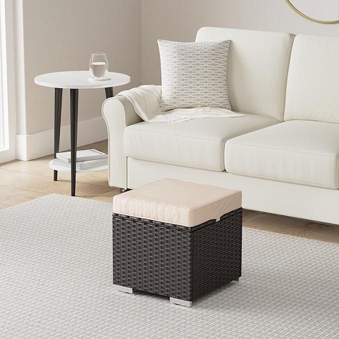 Best Choice Products Set of 2 Wicker Ottomans, Multipurpose Outdoor Furniture for Patio, Backyard, Additional Seating, Footrest, Side Table w/Storage, Removable Cushions - Brown/Beige
