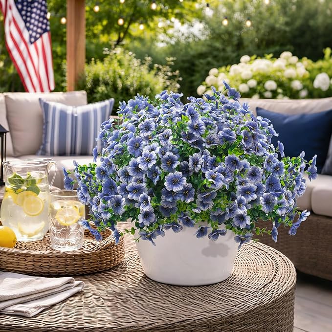 20 Bundles Artificial Flowers for Outdoors, UV Resistant Fake Plants Flowers Greenery Shrubs Plants for Decoration Outside Plants Hanging Planter Home Garden Decor (Blue)
