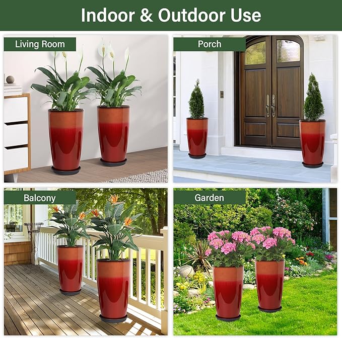 Set of 2 Lightweight Ceramic-Look Tall Planter, 21 inch Large Plastic Planter with Drain Hole & Saucers, Large Outdoor Planters for Porch, Garden, Patio, Balcony(Fiery Red)