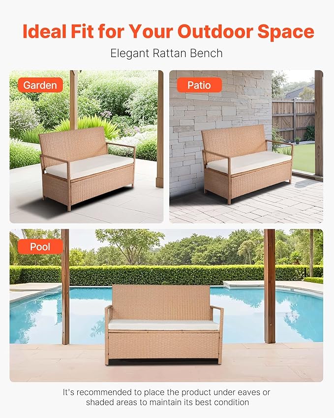 VEVOR Outdoor Storage Bench, 2-Person PE Rattan Storage Bench, 70 Gal Deck Box with Cushion, Supports up to 265 lbs, Weatherproof Outdoor Seating & Porch Decor for Patio Garden Balcony Yard