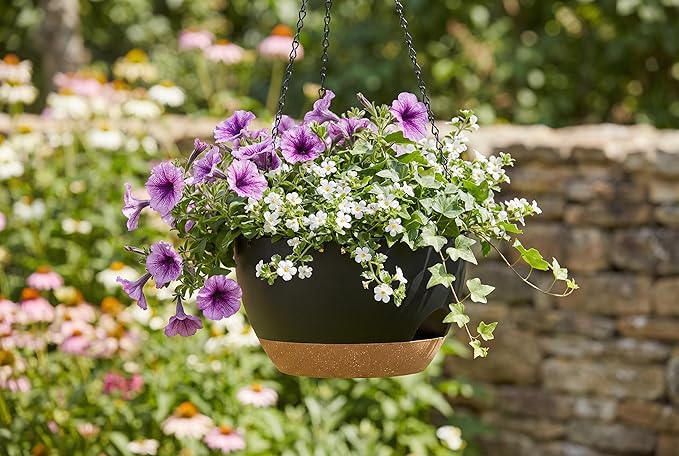 Hanging Planters 3-Pack, 8 Inch Self-Watering Hanging Pots with Drainage Hole and Chains, Plastic Planters for Indoor Outdoor（Black Brown）