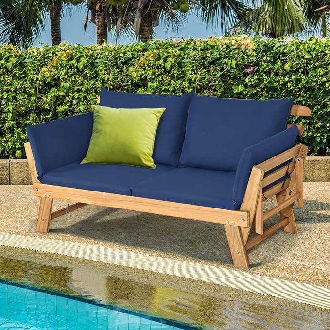 Tangkula Acacia Wood Patio Convertible Couch Sofa Bed with Adjustable Armrest, Outdoor Daybed with Cushion & Pillow, Turquoise & Navy Cushion Cover Sets, Folding Chaise Lounge Bench Ideal for Porch