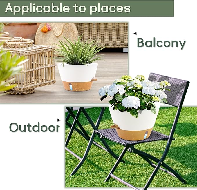 12-Inch Self Watering Planters with Drainage Holes, Large Flower Pots for Indoor Outdoor Plants, Garden Pots White 2 Pack