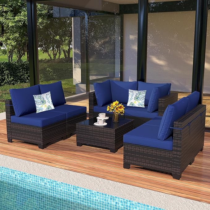 7 Pieces Outdoor Patio Furniture Set, Outdoor Wicker Sectional with Thick Cushions for Garden and Backyard (Brown/Deep Blue)