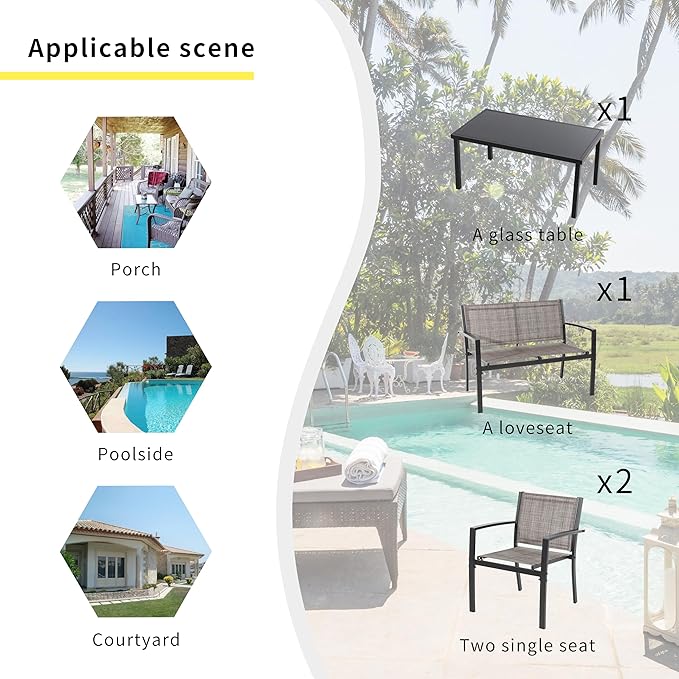 Shintenchi 4 Pieces Patio Furniture Set All Weather Textile Fabric Outdoor Conversation Set, with Glass Coffee Table, Loveseat, 2 Single Chairs for Home, Garden, Lawn, Porch（Light Brown）