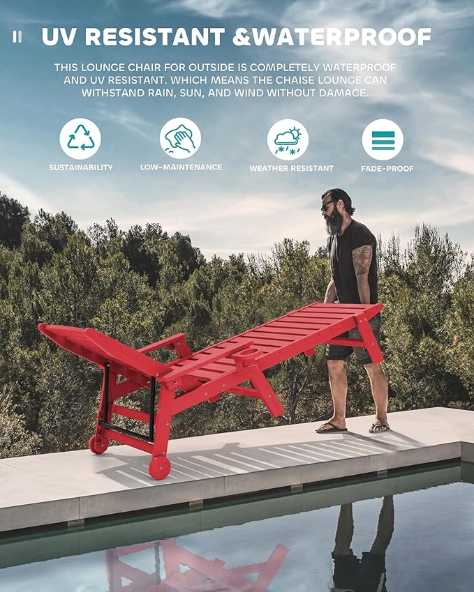 SERWALL Patio Chaise Lounge Chair Set of 2, 78'' Long 5-Positions Adjustable HDPE Outdoor Lounger for Pool, Poly Lounge Chair with Rolling Wheels & Cup Holder for Poolside, Deck, Bright Red