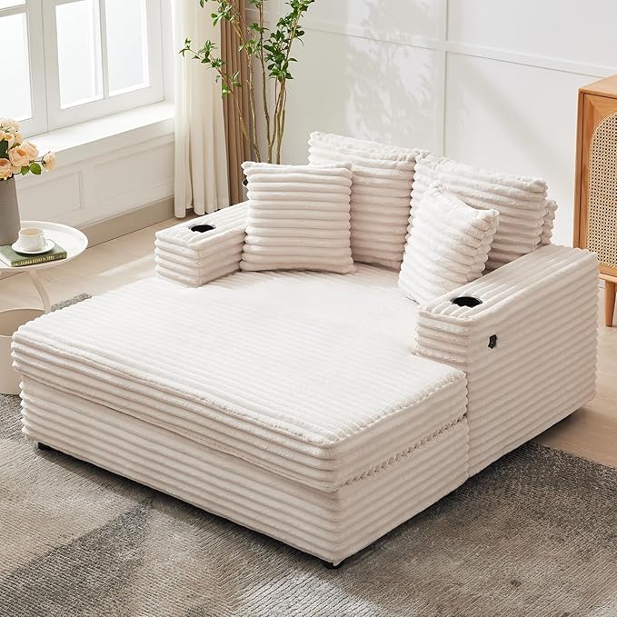 GarveeHome 60-inchOversized Chaise Lounge Chair Indoor, Comfy Corduroy Lounge Sofa with Charging Station, Cup Holders & Throw Pillows, Cozy Sleeper Couch for Living Room Apartments, Beige