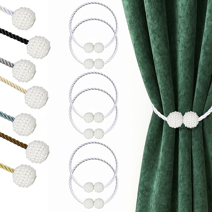 Hion Magnetic Curtain Tiebacks White 6 Pack, Curtain Tiebacks Buckles Holdbacks Holders Hooks Clip for Home Bedroom Office Decorative Thick or Thin Curtain