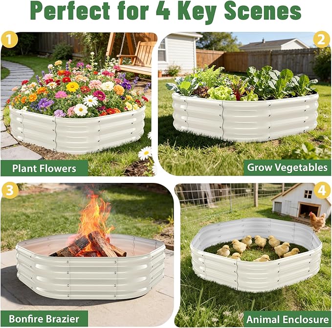 Hexagon Raised Garden Bed, 48 Inch Diagonal & 12 Inch Tall, Galvanized Steel Planter Box with Wave-Shaped Metal Panels for Outdoor Flower,Tree,Herb & Vegetable Garden (Cream white, 4FT X 1FT)