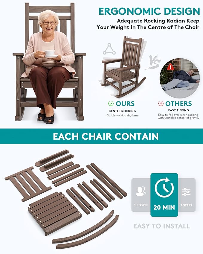 SERWALL Oversized Rocking Chair, Outdoor Rocking Chair for Adults, All Weather Resistant Porch Rocker for Lawn Garden, Brown