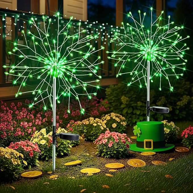 suddus St. Patrick's Day Decorations Solar Firework Lights - 150 LED Green Outdoor Garden Lights, 8 Modes DIY Sparkler Lights, Waterproof Solar Stake Lights for Yard, Pathway Flowerbed Decor (2 Pack)